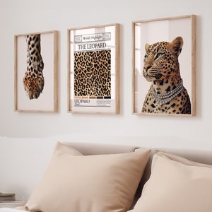 May include: Three framed prints with a leopard theme. The left print shows a close-up of a leopard's paw with a diamond bracelet. The middle print features a leopard print pattern with the text "The Leopard" and "Leopard" in a vintage newspaper style. The right print shows a leopard with a diamond necklace looking to the left.