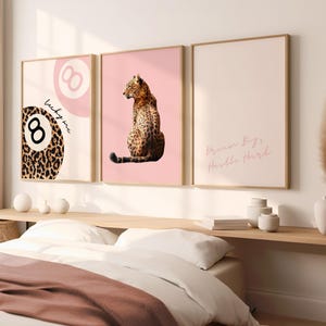 Pink Set of 3 Leopard Wall Art Prints Leopard Cheetah Print 8 Ball Lucky Trendy Animal Print Poster Girly Preppy Home Decor Digital Download