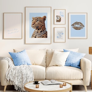 Set of 5 Leopard Wall Art Chic Blue Room Decor Lucky 8 Ball Poster Better Late Than Ugly Poster Digital Download Cute College Dorm Decor