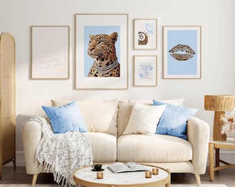 Set of 5 Leopard Wall Art Chic Blue Room Decor Lucky 8 Ball Poster Better Late Than Ugly Poster Digital Download Cute College Dorm Decor