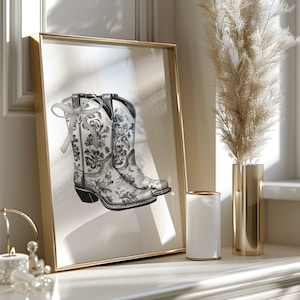 Trendy Coquette Bow Cowgirl Boot Print Coastal Cowgirl Wall Art Girly Western Print College Dorm Decor Cowgirl Aesthetic Print