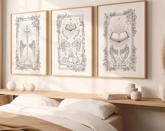 Bookish Tarot Fantasy Prints, Cozy Reader Minimal Wall Poster Set, BookTok Wall Art, Book Lover Gift Idea