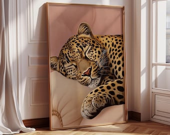 Blush Pink Sleeping Leopard Wall Art Print Home Decor Cheetah Print Poster Cheetah Art Modern Poster Bedroom Wall Art  Digital Animal Print