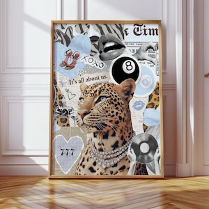 Trendy Leopard Collage Print High Fashion Art Blue Animal Cheetah Print y2k Aesthetic Art Girly College Dorm Decor Fashion Magazine Print
