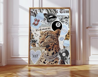 Trendy Leopard Collage Print High Fashion Art Blue Animal Cheetah Print y2k Aesthetic Art Girly College Dorm Decor Fashion Magazine Print