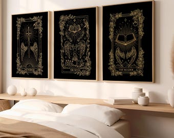 Fantasy Bookish Tarot Gold Print Set, Trendy BookTok Wall Art, Warrior Witch Reader Celestial Aesthetic, Book Lover Gift