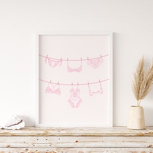 Pink Bathroom Wall Art Lingerine On A Clothesline Print Laundry Print Home Decor Girly Wall Art Laundry Decor Trendy Pink Coquette Wall Art