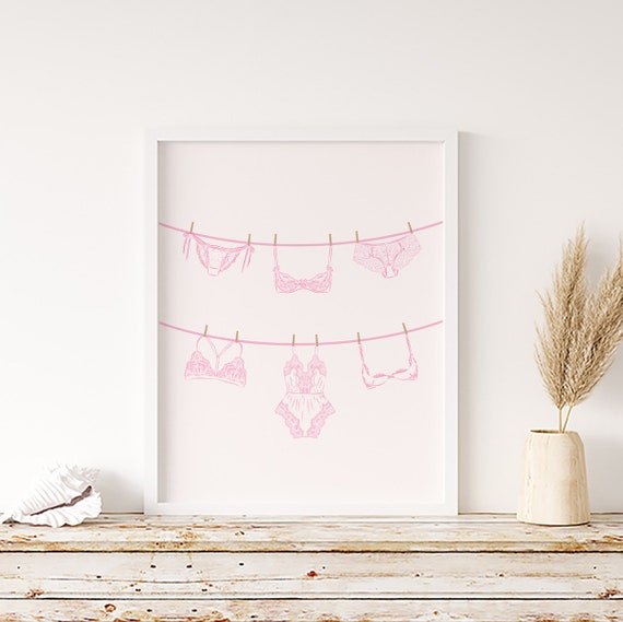 Pink Bathroom Wall Art Lingerine On A Clothesline Print Laundry Print Home Decor Girly Wall Art Laundry Decor Trendy Pink Coquette Wall Art