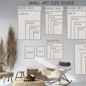 May include: A wall art size guide showing different ratios and sizes for prints. The guide includes ratios such as 4x5, 3x4, 2x3, and 1x1. It also includes standard paper sizes like A1, A2, A3, and A4.
