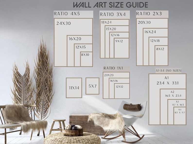 May include: A wall art size guide showing different ratios and sizes for prints. The guide includes ratios such as 4x5, 3x4, 2x3, and 1x1. It also includes standard paper sizes like A1, A2, A3, and A4.