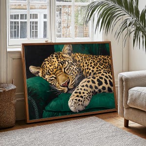 Impressão de arte de parede horizontal de leopardo, impressão de decoração de casa de chita, pôster verde escuro, impressão de chita maximalista, arte de parede de quarto, pôster com estampa animal