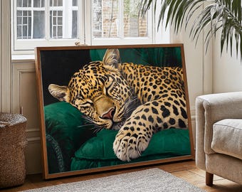 Impresión de arte de pared horizontal de leopardo Impresión de decoración del hogar de guepardo Póster verde oscuro Impresión de guepardo maximalista Arte de pared para dormitorio Póster con estampado de animales