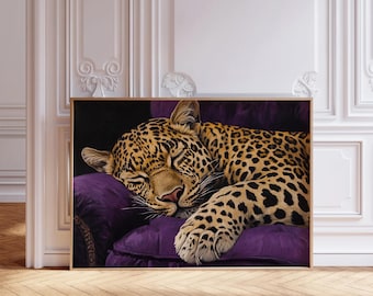 Art mural léopard endormi, impression d'art mural, décoration d'intérieur, guépard horizontal, affiche de la jungle, guépard, oeuvre d'art animalière, affiche moderne, oeuvre d'art mural de chambre à coucher