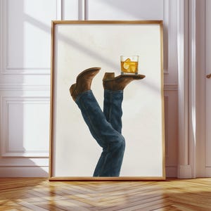 Kowbojskie buty Whiskey Bottoms Up Digital Art Rodeo plakat Niebieskie dżinsy Western Wall Art Bar Cart Sypialnia Decor Prezent dla niego Pomysł na prezent ślubny