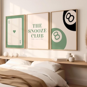 Juego de 3 impresiones de la bola 8 de la suerte, arte de pared retro verde salvia, póster de The Snooze Club, arte imprimible del as de espadas, descarga digital, decoración para dormitorio universitario