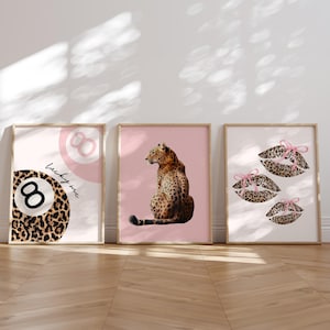 Pink Set of 3 Leopard Wall Art Coquette Cheetah Kiss Print 8 Ball Lucky ...