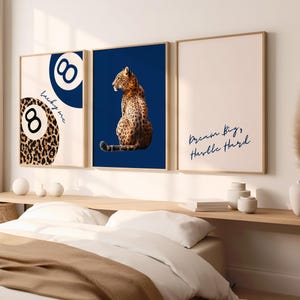 Navy Blue Set of 3 Leopard Wall Art Cheetah Animal Print 8 Ball Lucky Me Trendy Wall Gallery Preppy Cheetah Print Poster Digital Download