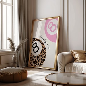 Affiche vintage 8 boules porte-bonheur, impression léopard, art mural rose guépard, art mural imprimable en téléchargement numérique, art du chariot de bar, boule de billard