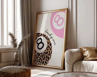 Trendy Lucky 8 Ball Poster Vintage 8 Ball Leopard Print rosa Wandkunst Gepard druckbare Wandkunst digitaler Download Barwagen Kunst Poolball