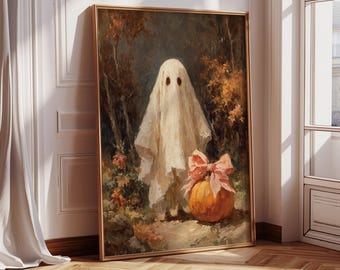 Vintage Halloween Ghost Poster Pumpkin with Bow Fall Aesthetic Print Coquette Spooky Decor Dark Cottagecore Print Rustic Farmhouse Art