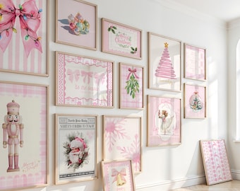 Pink Christmas Wall Art Set, Coquette Christmas Gallery Wall, Preppy Holiday Decor, Pink Bows, Nutcracker, Santa Printable Art