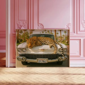 Retro Car Horizontal Wall Art Cheetah Print Girly Palm Springs Poster Cheetah Home Decor Dorm Decor Poster Cheetah Car Print Trendy Wall Art