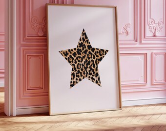Trendy Leopard Star Print Cheetah Bedroom Wall Art Beige Y2K Aesthetic Apartment Decor Star Girl Leopard Print Neutral Preppy Girly Art