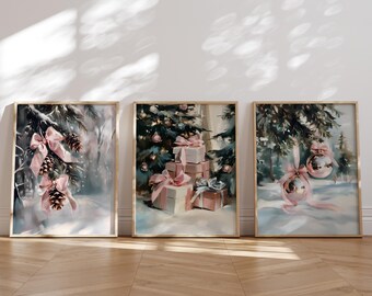 Christmas Printable Wall Art Set of 3, Pink Holiday Prints, Cozy Xmas Digital Download, Winter Wonderland Wall Art Set, Girly Xmas Wall Art
