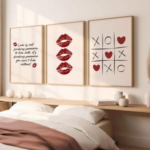Juego de 3 impresiones de arte de pared de amor retro de moda, póster con estampado de labios rojos burdeos, decoración de San Valentín, carta de amor, arte digital minimalista