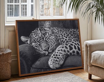 Sleeping Leopard Wall Art Elegant Home Decor Horizontal Cheetah Print Black & White Modern Poster Bedroom Wall Art  Animal Artwork Poster