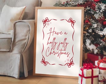 Holly Jolly Christmas Wall Art, Red Festive Holiday Digital Poster, Cozy Xmas Wall Print, Red Christmas Quote Poster, Holiday Quote Print