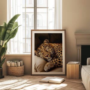Pu&ograve; includere: Una stampa incorniciata con un leopardo che dorme. L'opera raffigura il grande felino che riposa su un cuscino, con una calda tavolozza di colori marroni e beige. La stampa &egrave; esposta in una stanza con luce naturale e una combinazione di colori neutri.
