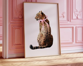 Pink Bow Wall Art Trendy Leopard Coquette Wall Art Print Girl Room Minimal Cheetah Art Animal Print Poster Aesthetic Dorm Bedroom Wall Art