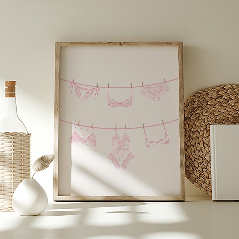 Pink Bathroom Wall Art Lingerine On A Clothesline Print Laundry Print Home Decor Girly Wall Art Laundry Decor Trendy Pink Coquette Wall Art image 6