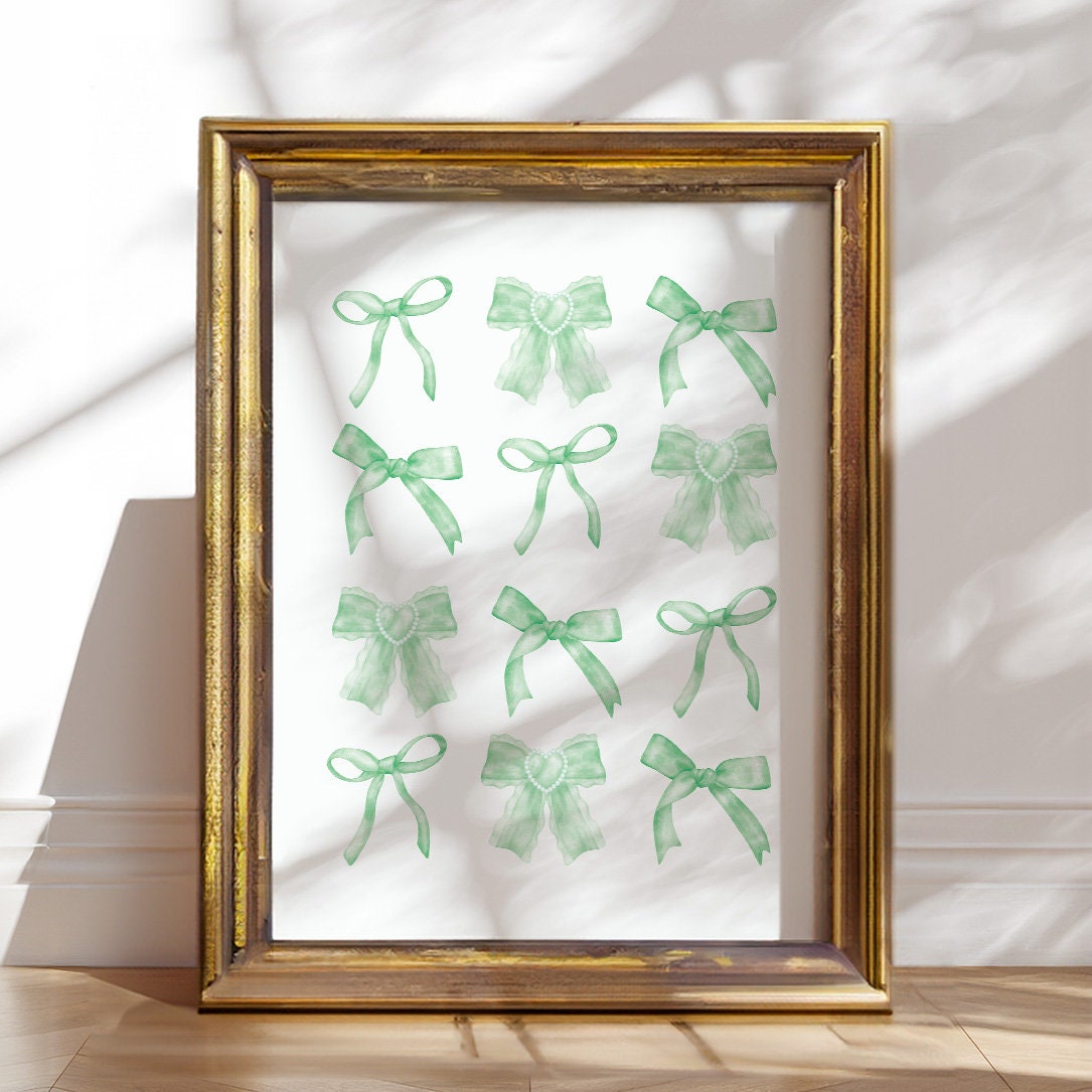 Coquette Room Decor Sage Green Bows Girly Poster Aesthetic Wall Art ...