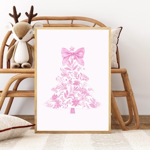 Pink Chinoiserie Christmas Tree Print Minimalist Holiday Art Trendy Cute Coquette Xmas Decor Digital Download Cozy Winter Home Decor Poster