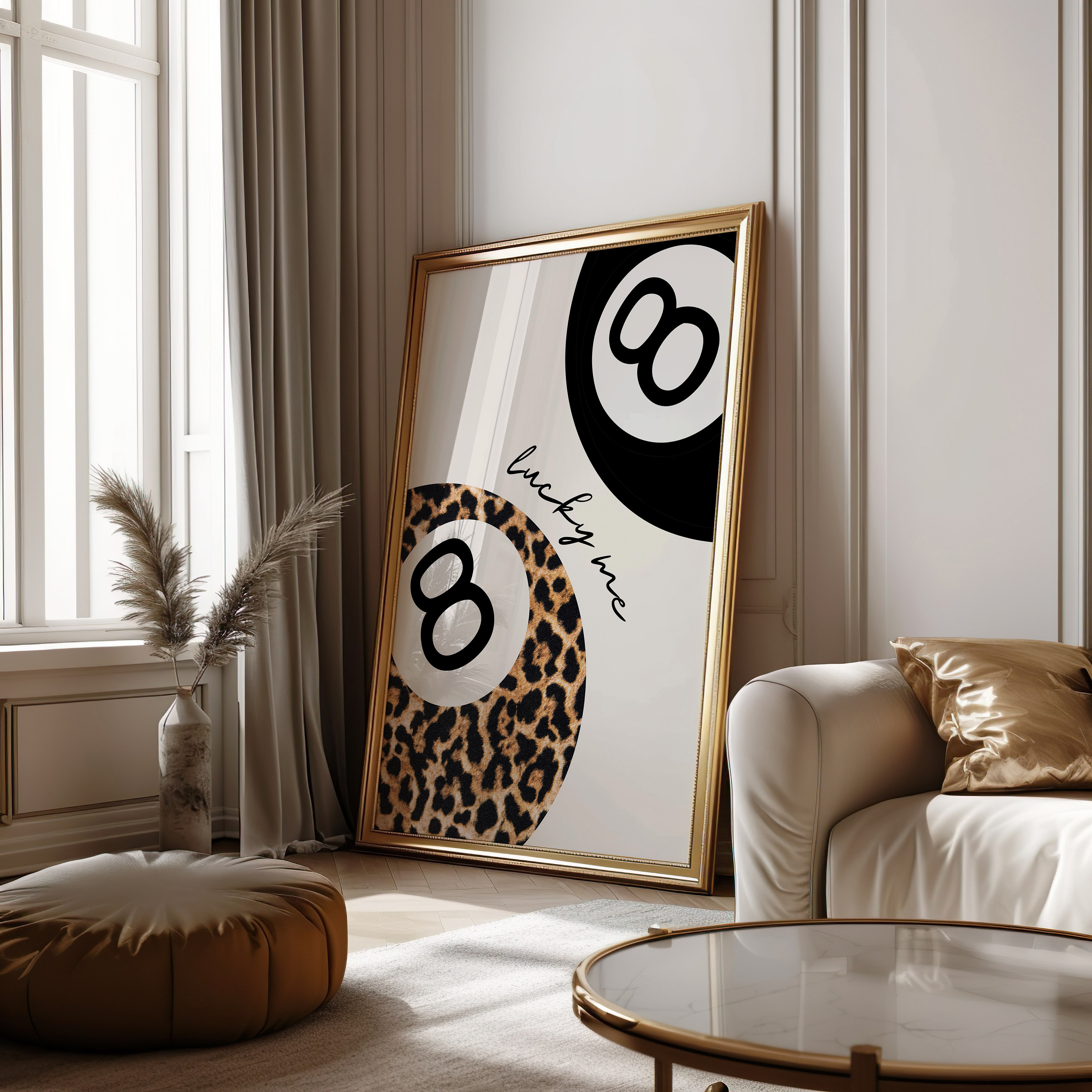 Set of 3 Leopard Wall Art Cheetah Print Lucky 8 Pool Ball Poster