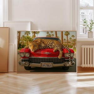 Horizontal Leopard Wall Art Retro Red Car Print Girly Palm Springs Poster Cheetah Home Decor Maximalist Cheetah Car Print Trendy Wall Art