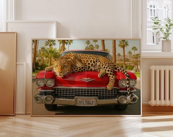 Horizontal Leopard Wall Art Retro Red Car Print Girly Palm Springs Poster Cheetah Home Decor Maximalist Cheetah Car Print Trendy Wall Art