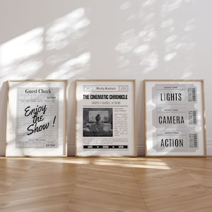 Home Theater Decor Set of 3 Movie Wall Art Ticket Cinema Wall Print Bundle Home Theater Art Movie Night Newspaper Printable Art