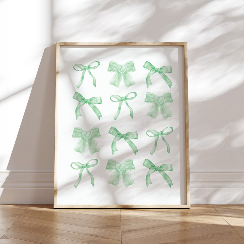 Coquette Room Decor Sage Green Bows Girly Poster Aesthetic Wall Art ...