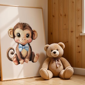 May include: A framed watercolor print of a smiling monkey wearing a blue bow tie. A large, plush teddy bear with a brown ribbon sits on the floor next to the print. The room has wood paneling.