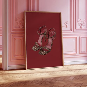 Trendy Leopard Designer Heels Poster Bedroom Wall Art Cheetah Heels Poster Burgundy Aesthetic Apartment Decor Leopard Luxury Heel Print Art