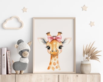 Stampa per la cameretta dei bambini con giraffa carina, stampa per la cameretta dei bambini con fiocco Coquette, stampa per la cameretta dei bambini con animali da safari, decorazione per la cameretta dei bambini con stampa animalier, decorazione per la cameretta dei bambini rosa, regalo per baby shower