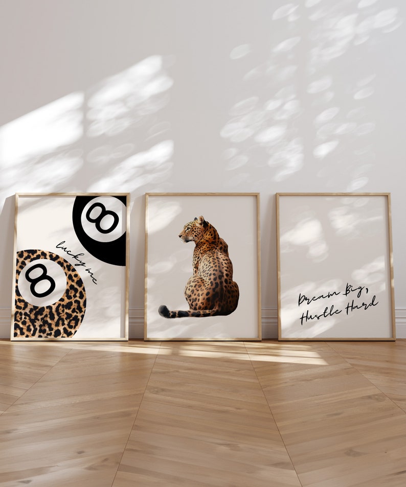 Set of 3 Leopard Wall Art Cheetah Print Lucky 8 Pool Ball Poster Lucky ...