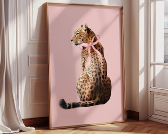 Pink Bow Wall Art Trendy Leopard Coquette Wall Art Print Girl Room Minimal Cheetah Art Animal Print Poster Aesthetic Dorm Bedroom Wall Art