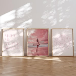 Coastal Print Set Of 3 Meet Me At The Beach Pink Coastal Print Trendy Coastal Aesthetic Seashell Prints Surf Girl Wall Art Digital Download