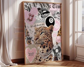 Pink Leopard Collage Poster Girly Y2K Fashion Wall Art Trendy 8 Ball Poster Glam Animal Print Trendy College Dorm Decor Digital Download