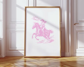 Rosa cowgirl-väggkonst, flickig studentrumsdekor, västerländsk minimalistisk tryck, söt sydstatsestetisk inredning, feminin lantlig stil, Yeehaw-cowgirl-affisch