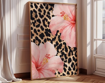 Leopard Hibiscus Flower Wall Art Girly Pink Cheetah Bedroom Poster Hawaiian Aloha Print Poster Funky Animal Print Decor Digital Flower Art